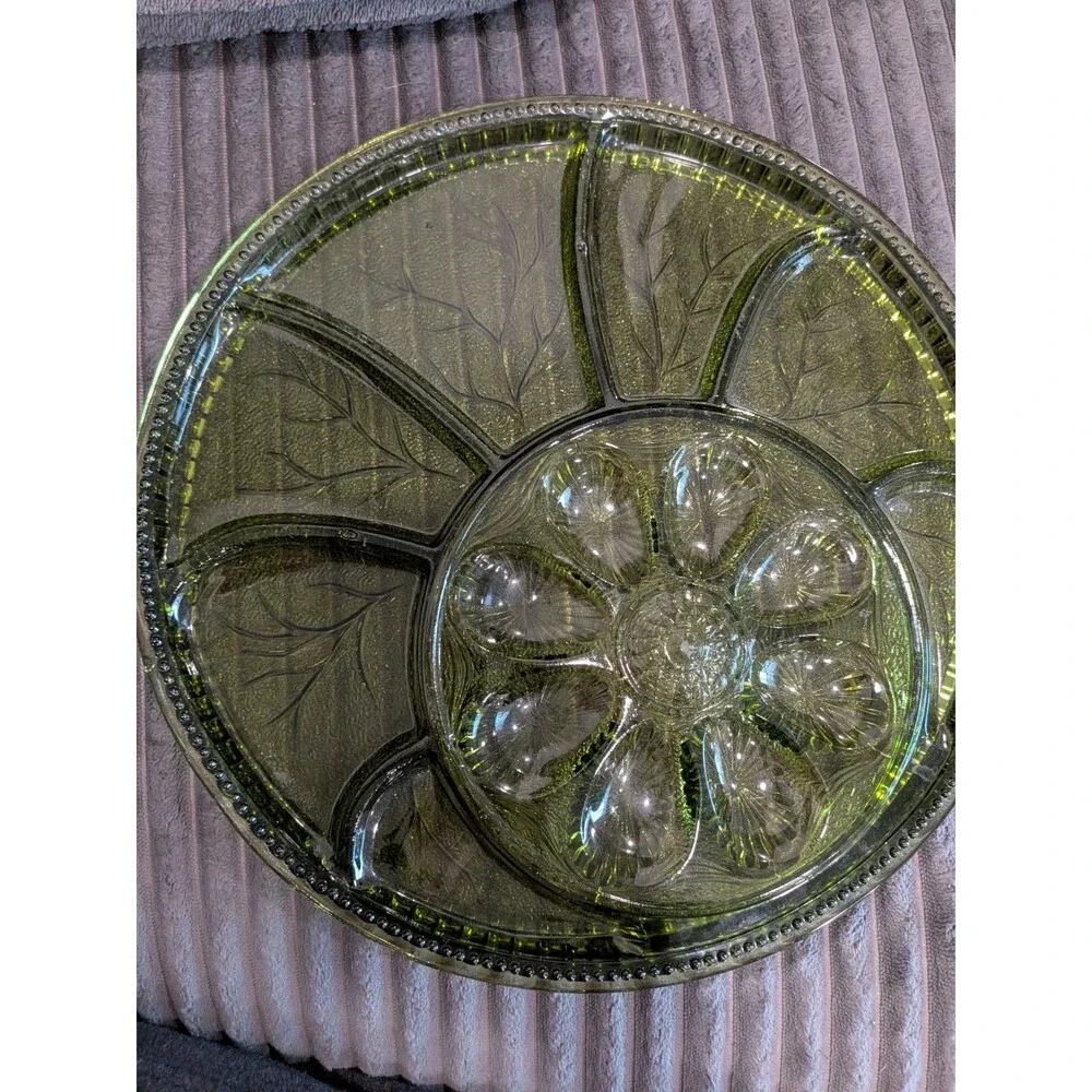 Mid Century Indiana Glass Olive Green Pebble Leaf Deviled Egg Serving Dish